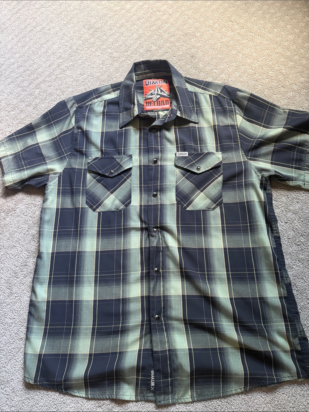 DIXXON Men's Navy and Mint Green Plaid Short Sleeve Button-Down Shirt